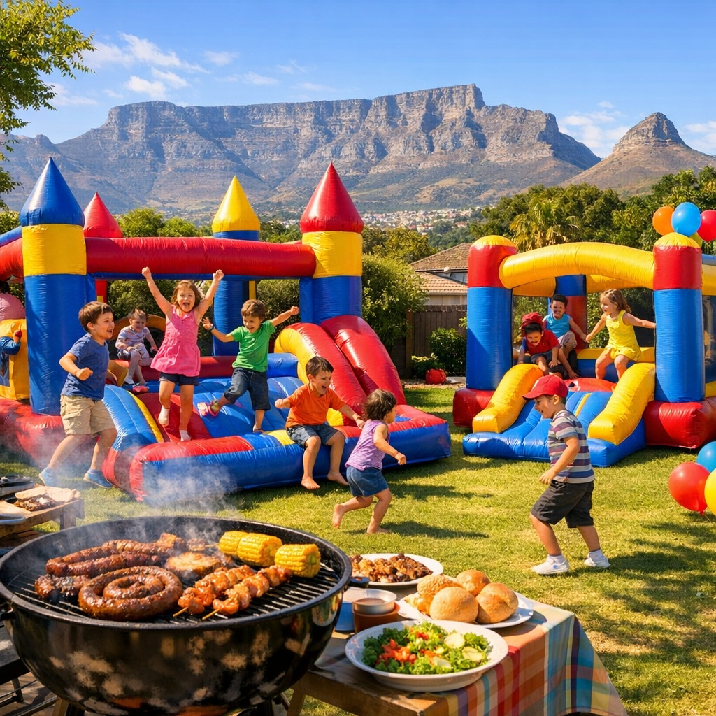 Children enjoying jumping castle hire at a Cape Town birthday party with Table Mountain in background