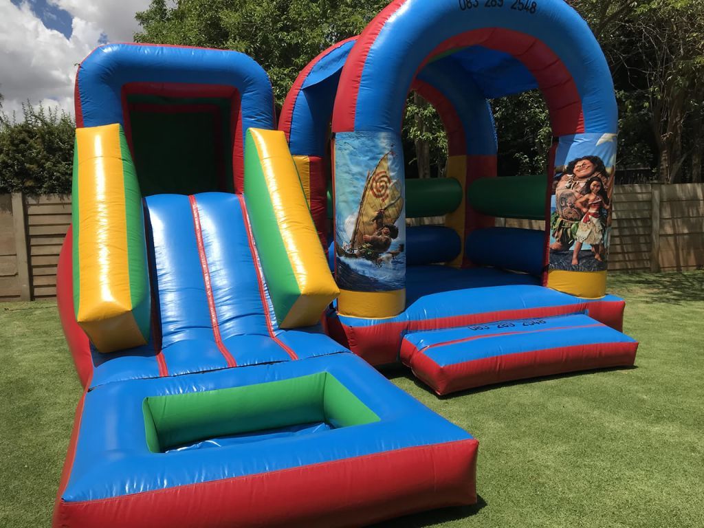 Moana themed jumping castle combo with slide and bounce area - character castle hire Cape Town
